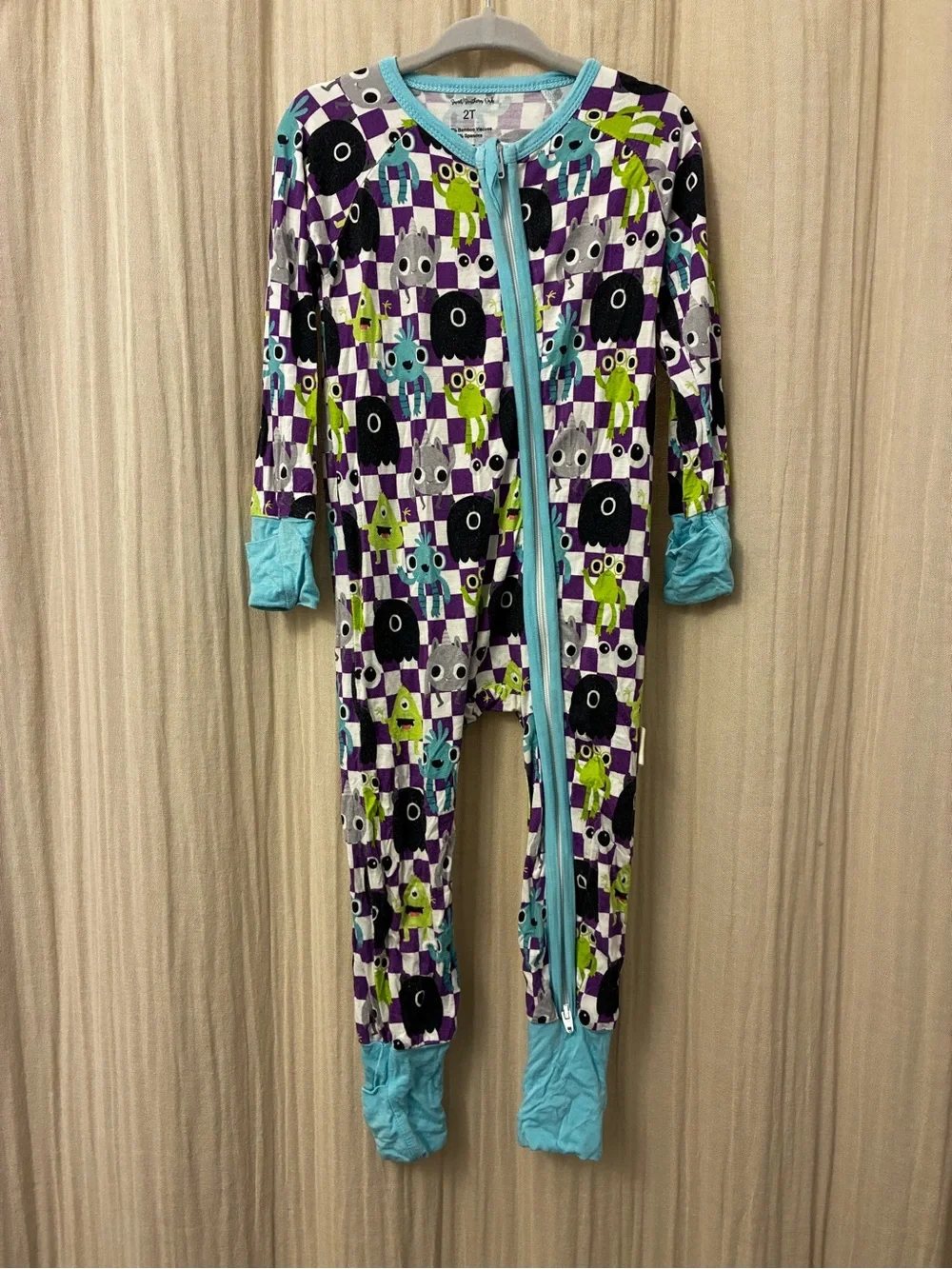 Kids Monster Print Zip Footless Pajamas - Aqua Trim bamboo local brand 2t